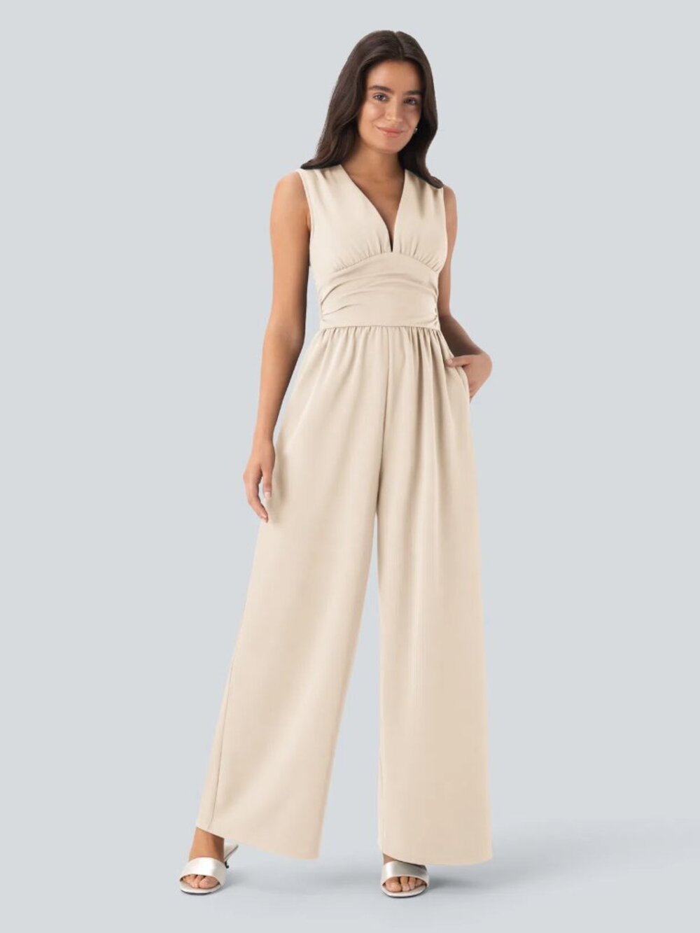 Halara V Neck Sleeveless Ruched Pocket Jumpsuit-Easy Peezy XL Cream